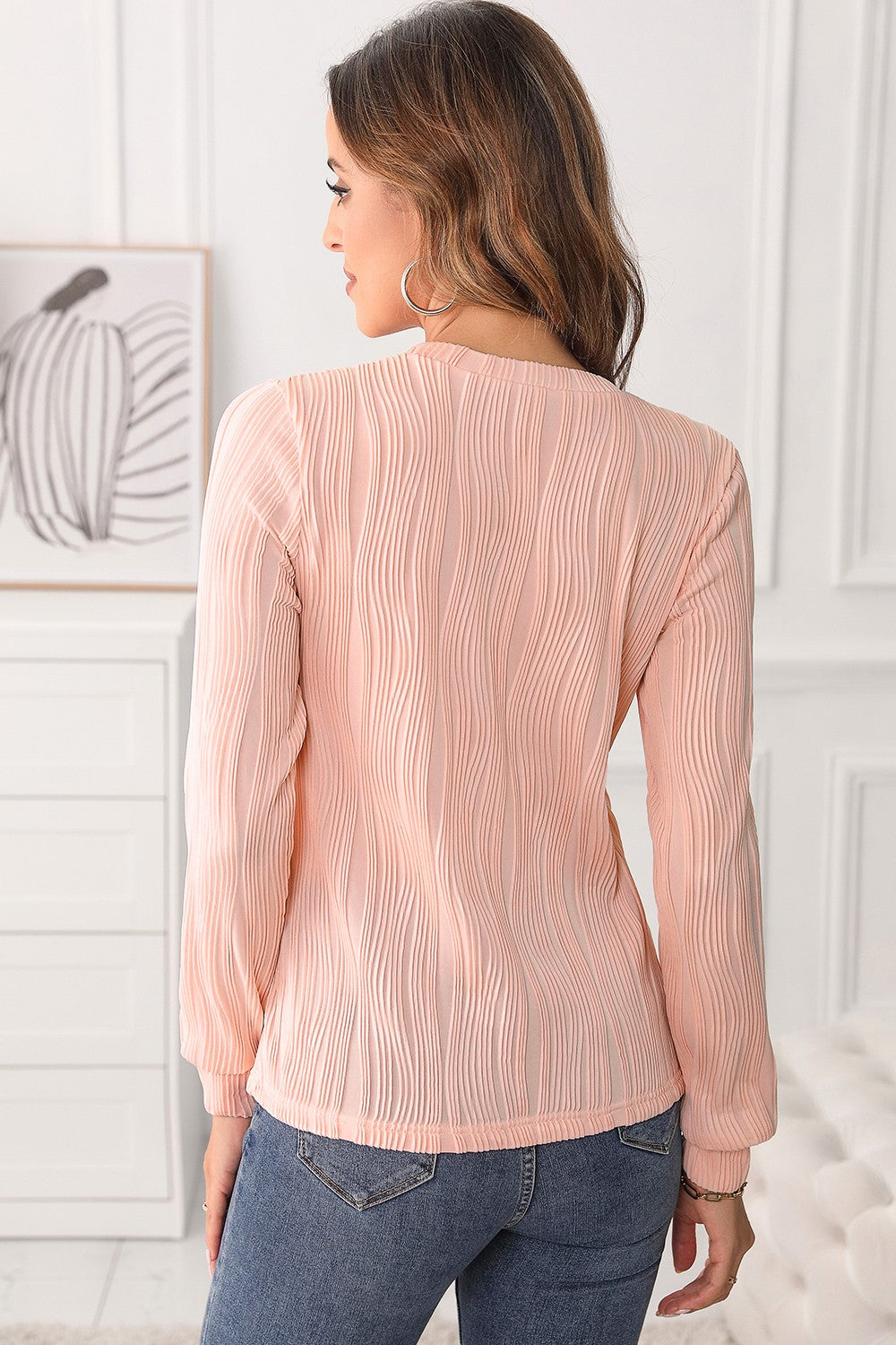 Textured Round Neck Long Sleeve Blouse - Charming Charlie