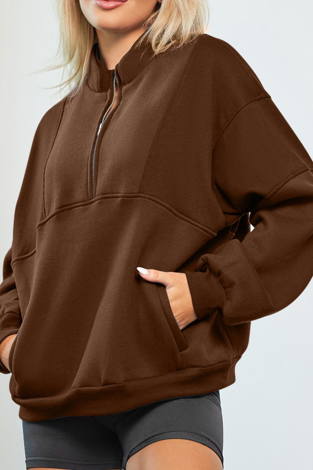 Half Zip Drop Shoulder Long Sleeve Sweatshirt - Charming Charlie