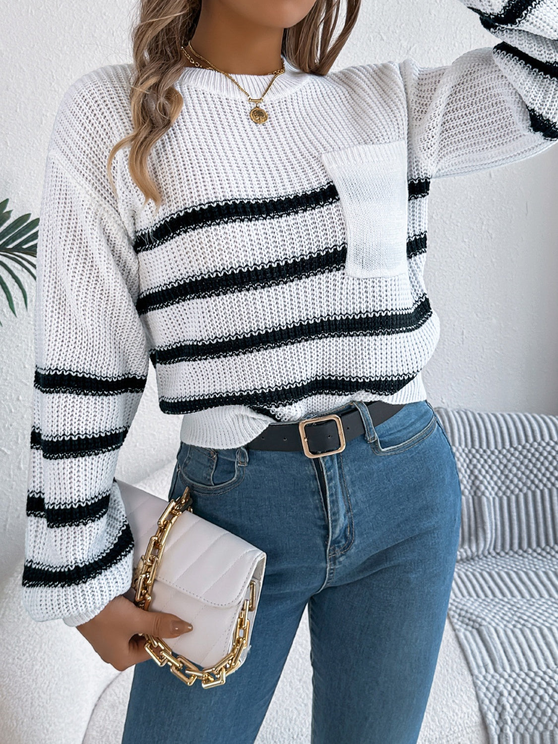 Striped Round Neck Long Sleeve Sweater - Charming Charlie