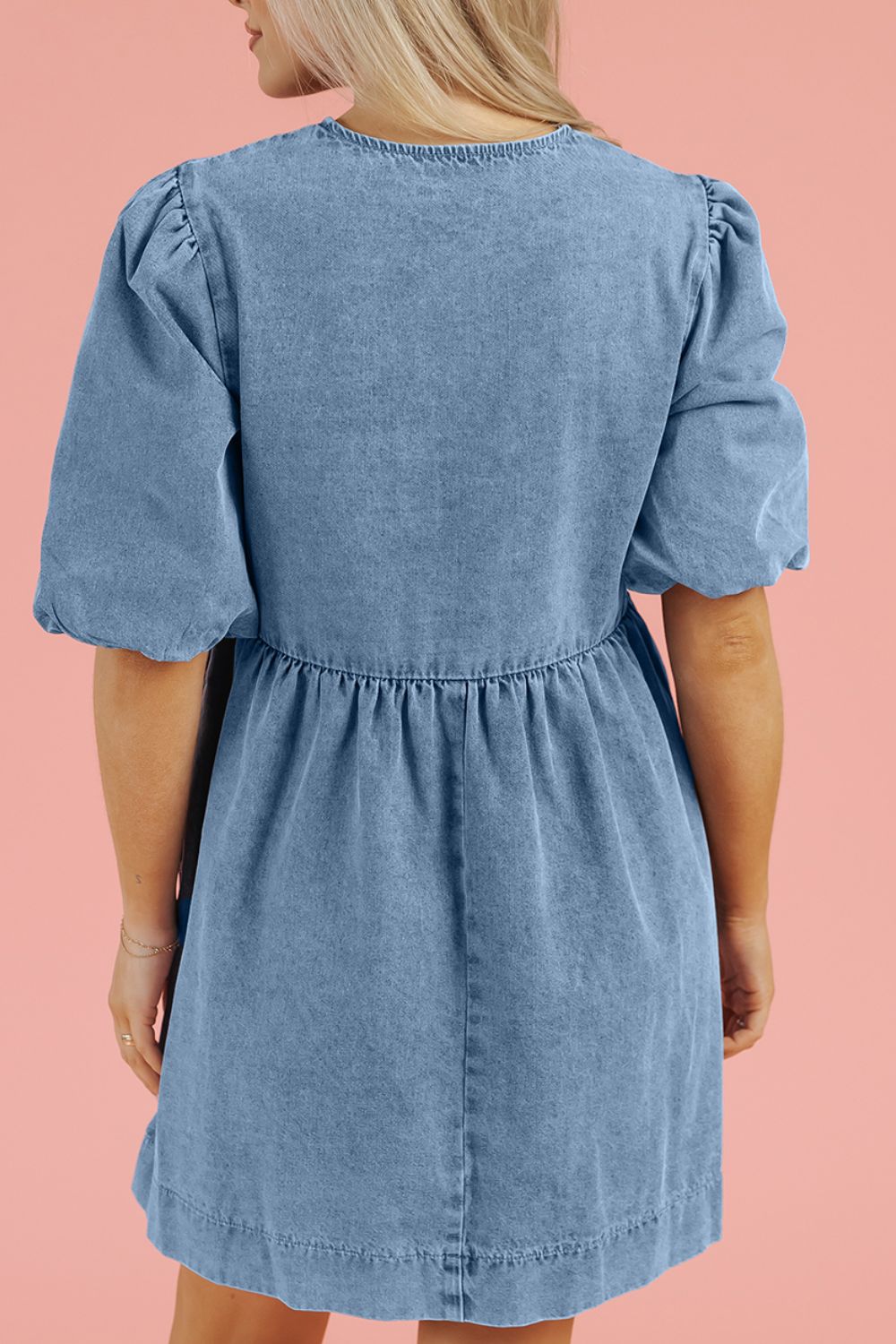 Bowknot Round Neck Half Sleeve Denim Dress - Charming Charlie