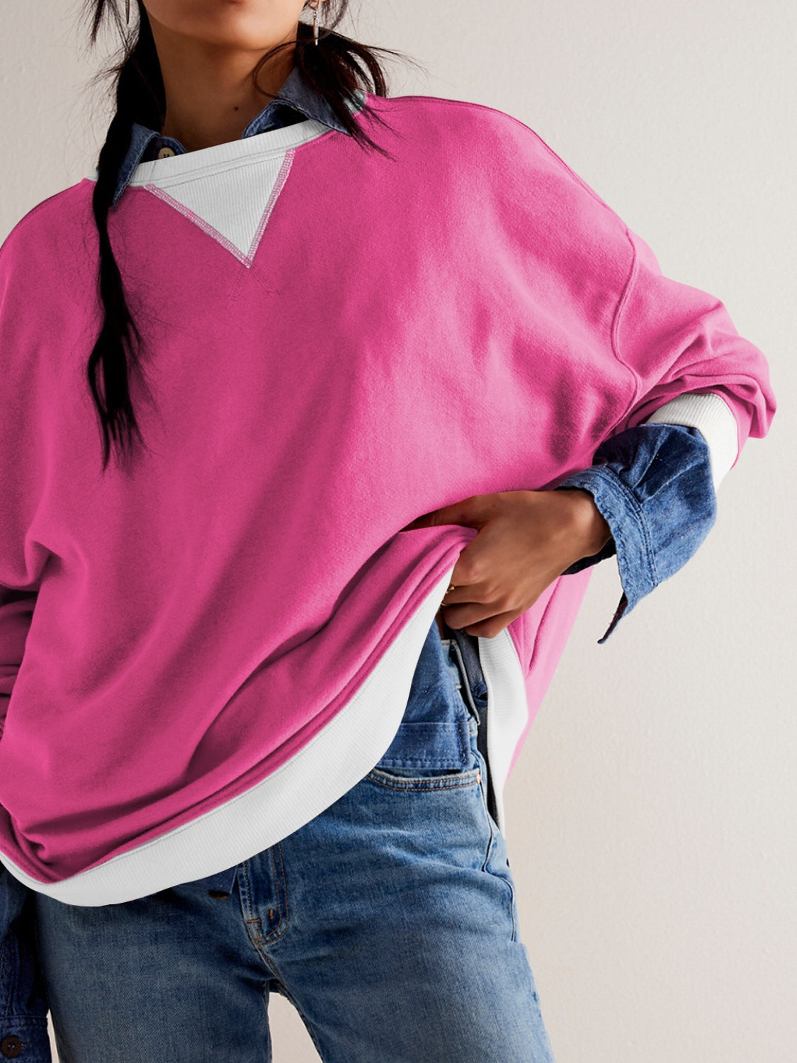 Contrast Dropped Shoulder Long Sleeve Sweatshirt - Charming Charlie