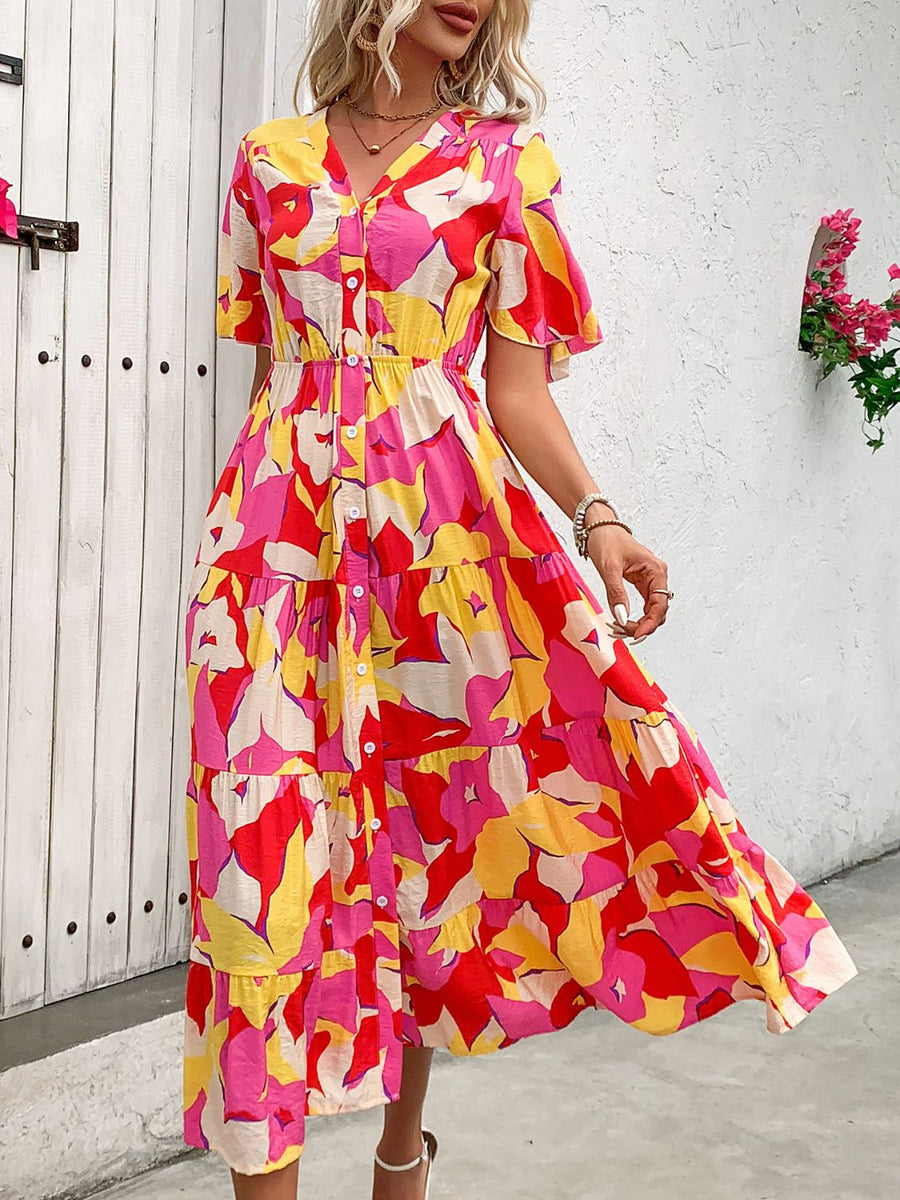 V-Neck Flutter Sleeve Color Block Dress