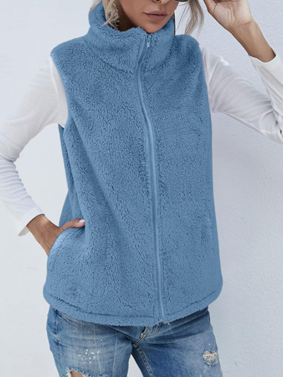 Full Size Fuzzy Zip Up Vest Coat with Pockets - Charming Charlie