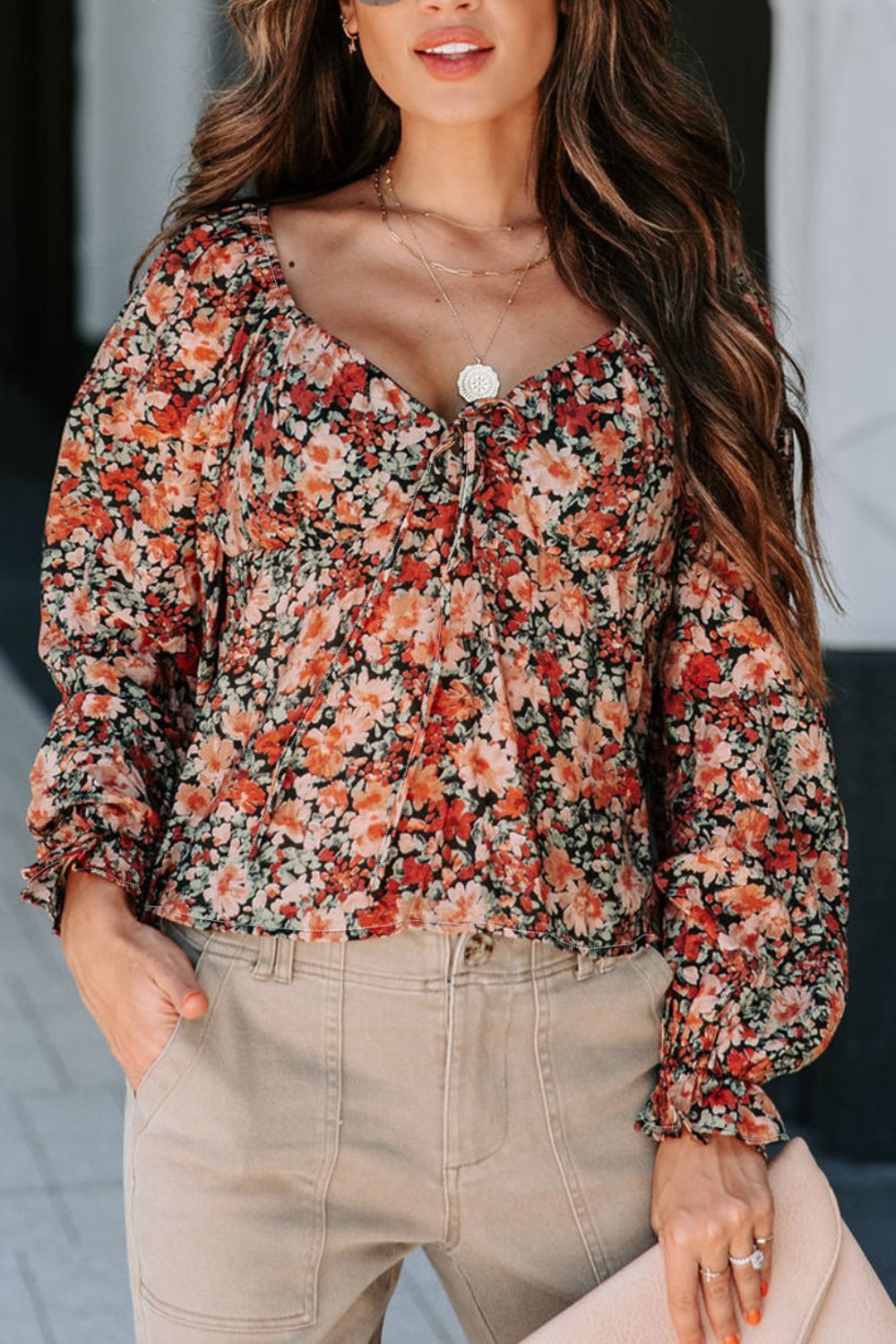 Peplum Tied Flora Long Sleeve Blouse - Charming Charlie