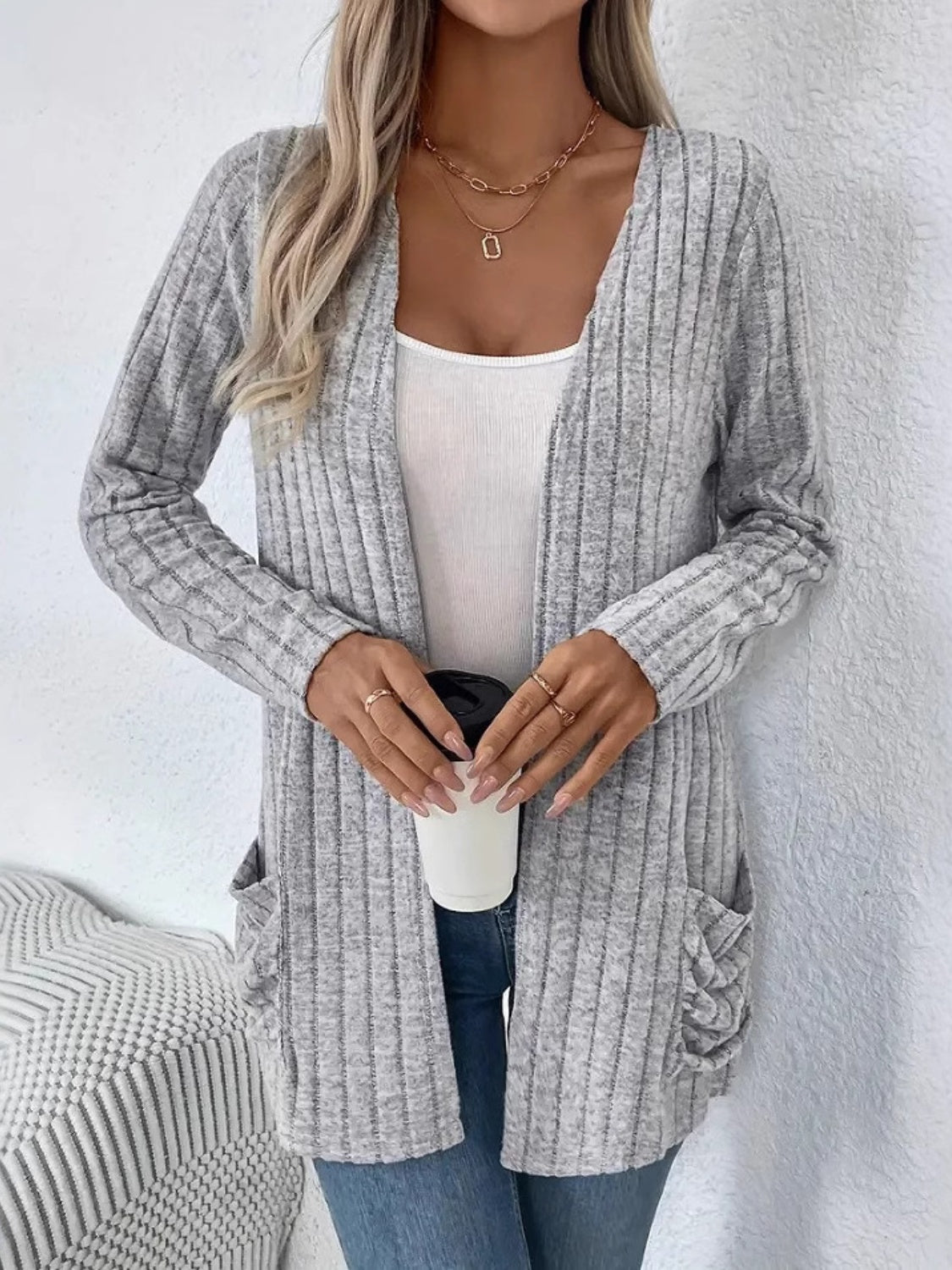 Ribbed Open Front Long Sleeve Cardigan with Pockets - Charming Charlie