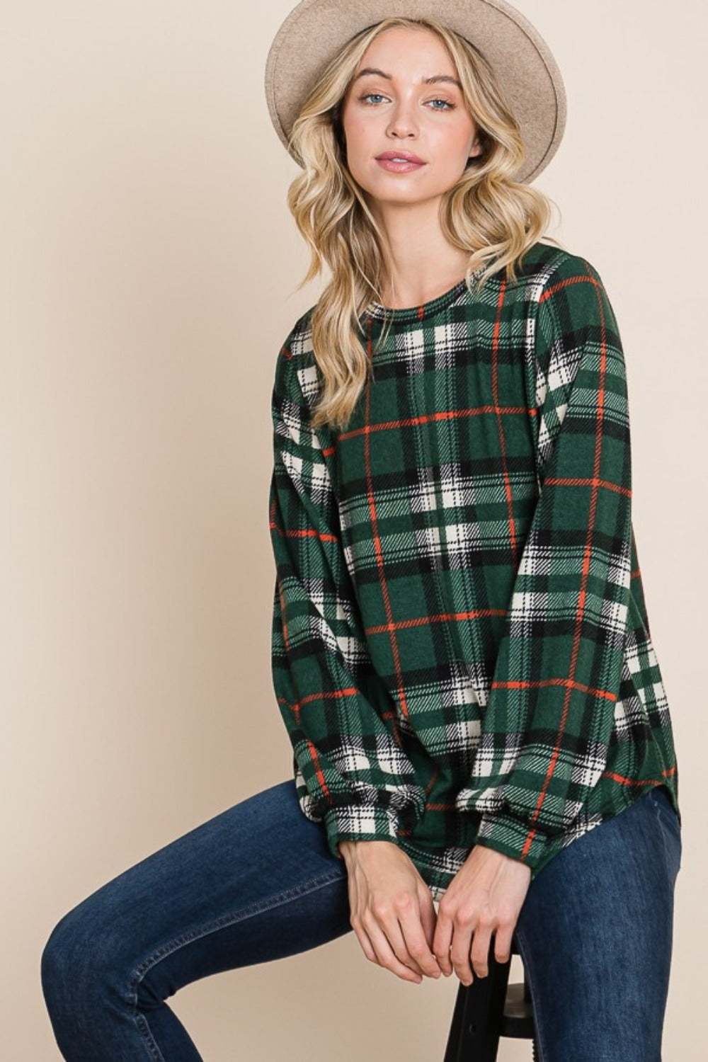 BOMBOM Curved Hem Plaid Round Neck Long Sleeve Top - Charming Charlie