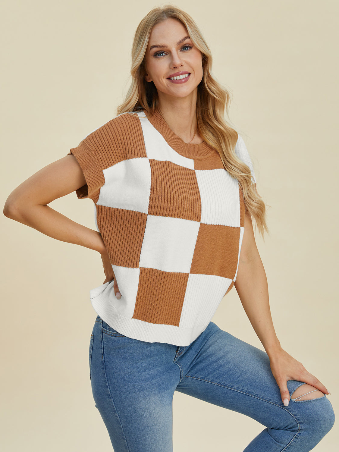 Double Take Full Size Checkered Round Neck Short Sleeve Sweater - Charming Charlie