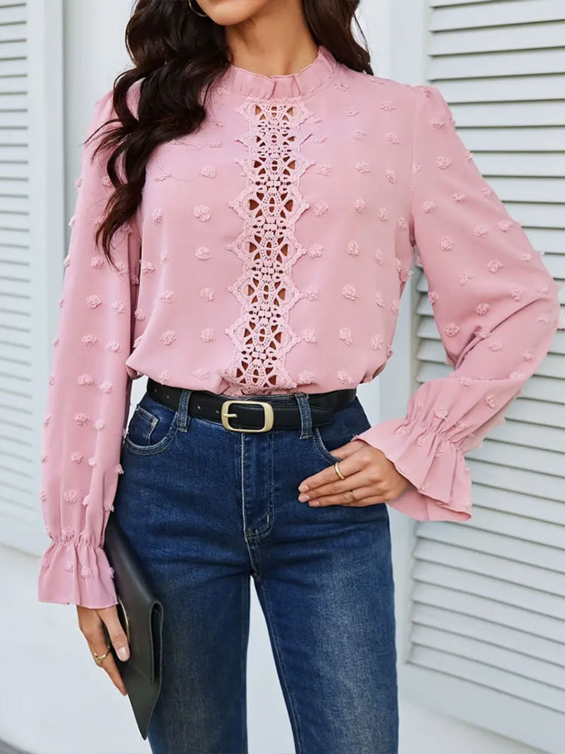 Swiss Dot Mock Neck Flounce Sleeve Blouse - Charming Charlie