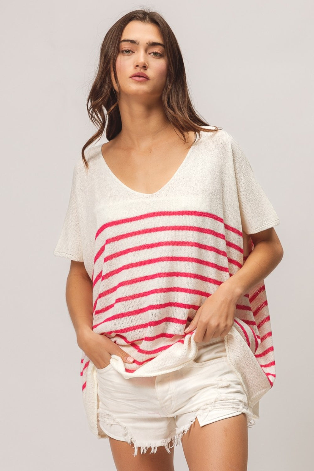 BiBi V Neck Striped Short Sleeve Top - Charming Charlie