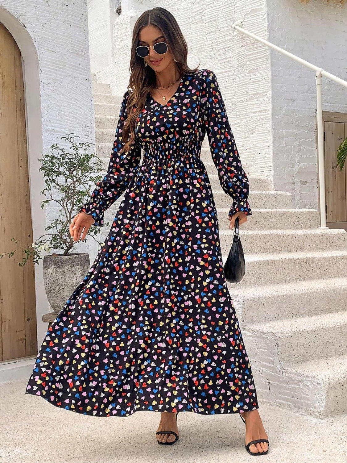 Smocked Printed V-Neck Flounce Sleeve Dress - Charming Charlie