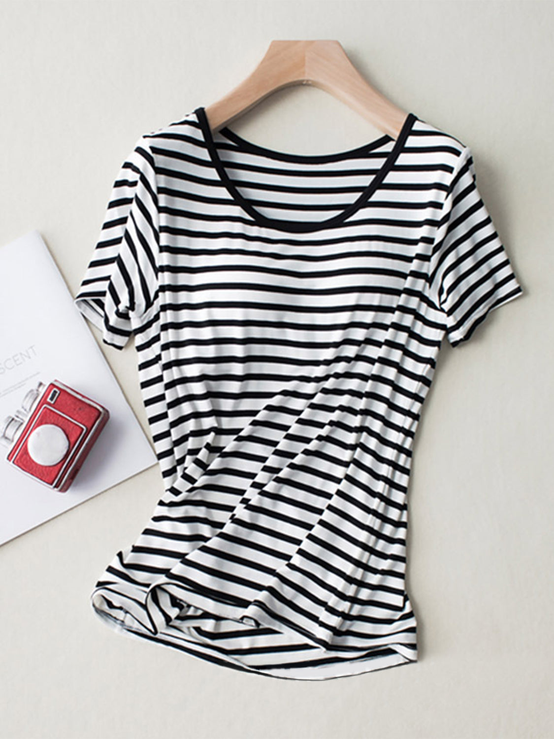 Striped Round Neck Short Sleeve T-Shirt with Bra - Charming Charlie