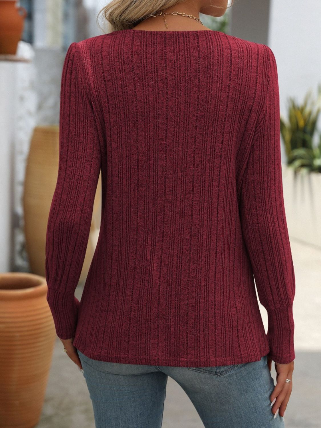 Decorative Button Striped Square Neck Long Sleeve T-Shirt - Charming Charlie