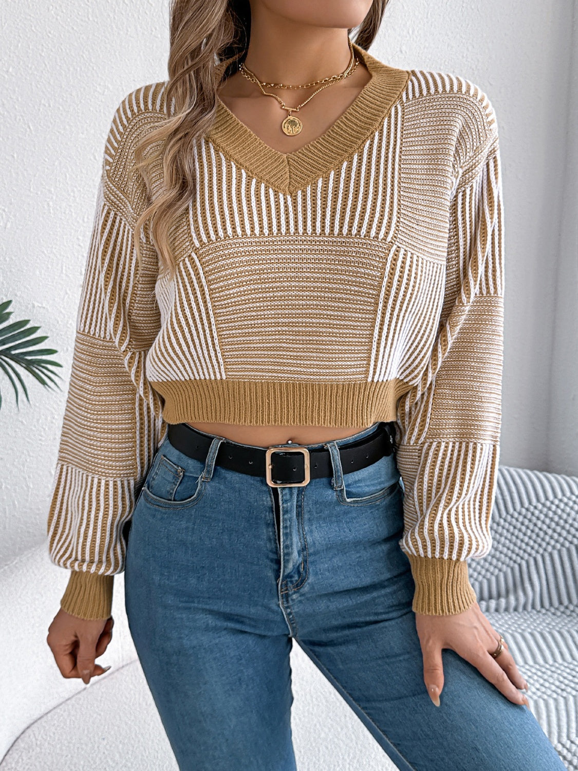 Striped V-Neck Long Sleeve Sweater - Charming Charlie