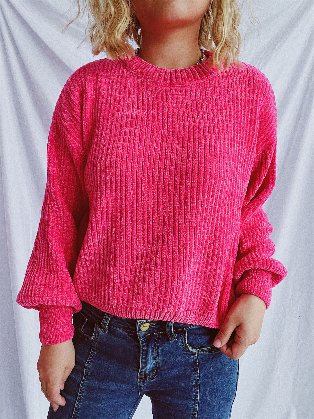 Round Neck Dropped Shoulder Long Sleeve Sweater - Charming Charlie