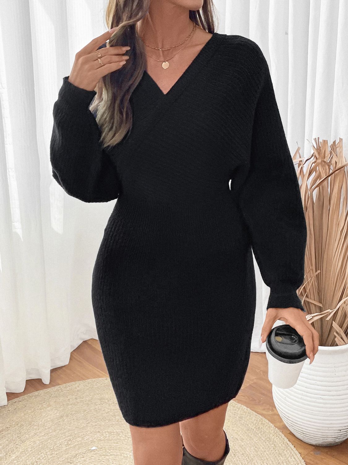 Perfee Surplice Long Sleeve Sweater Dress - Charming Charlie