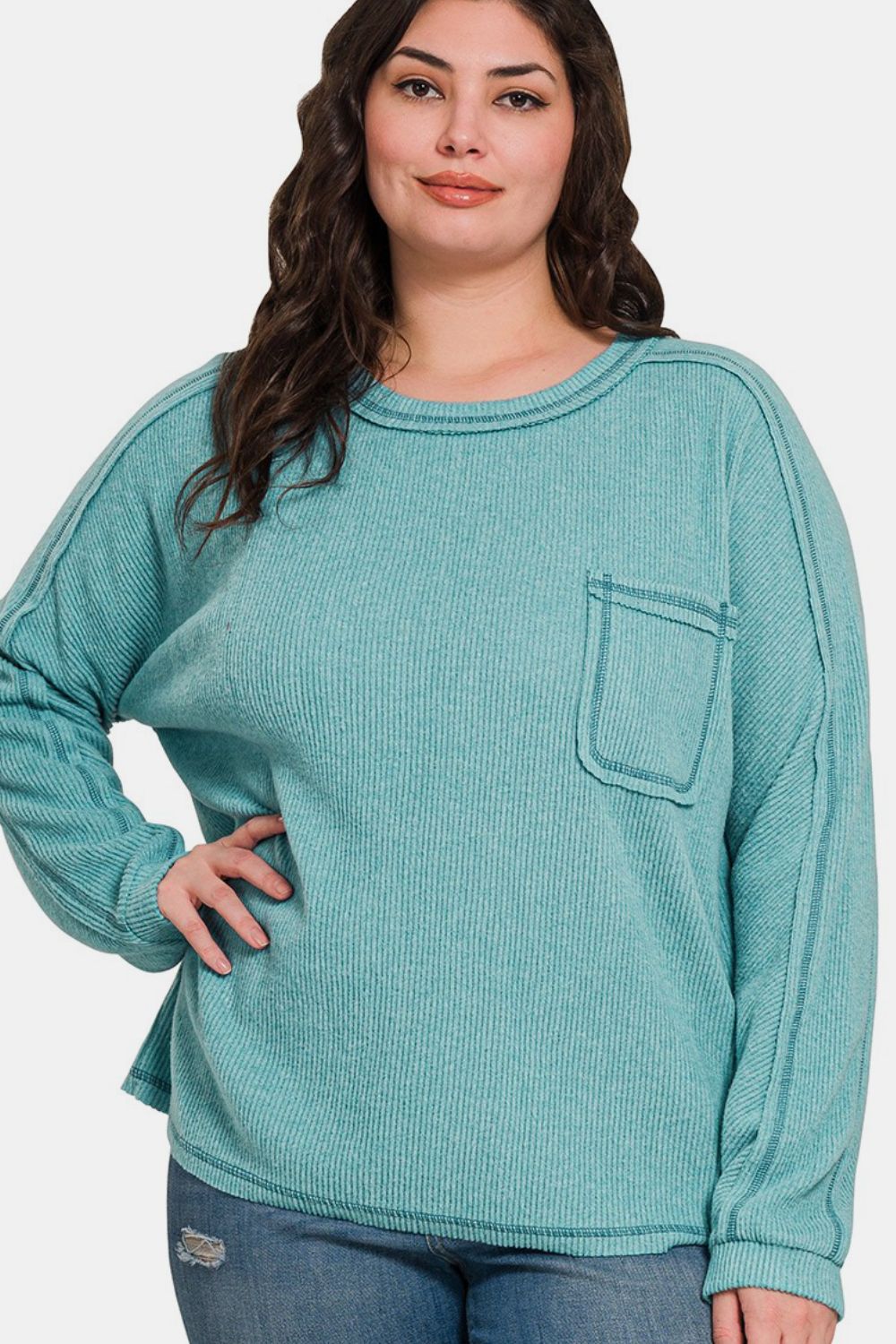 Zenana Full Size Contrast Stitching Brushed Ribbed Hacci Knit Top Plu Size - Charming Charlie