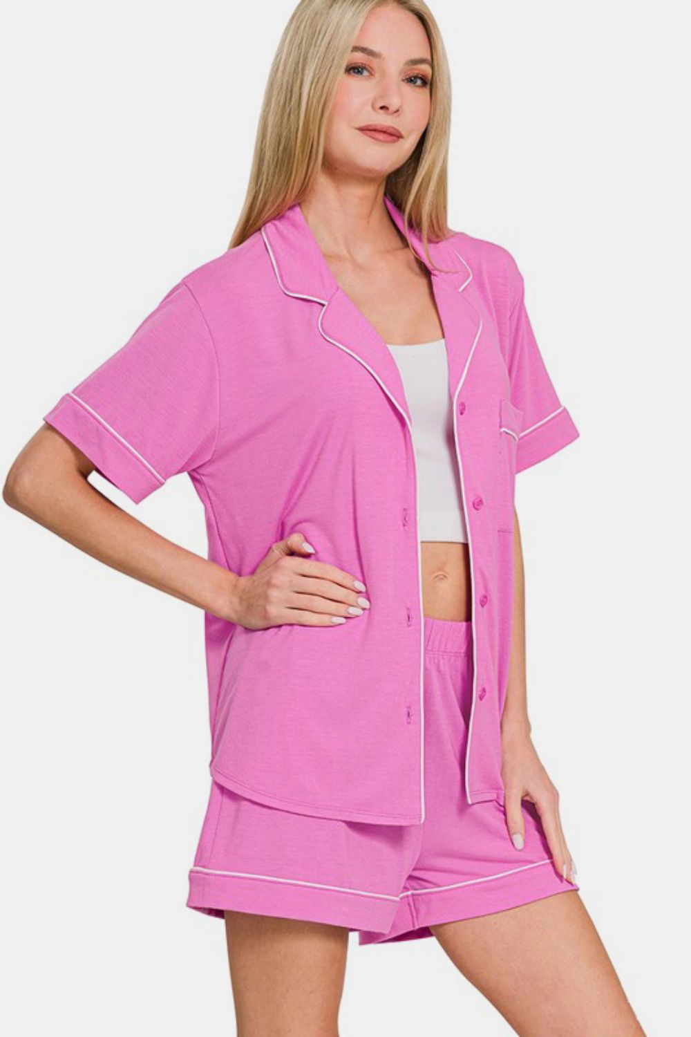 Zenana Button Down Short Sleeve Top and Shorts Lounge Set - Charming Charlie