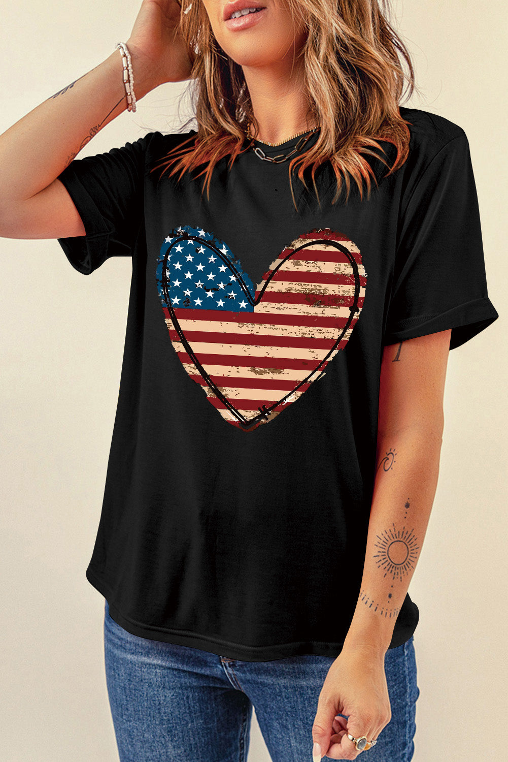 Stars and Stripes Heart Round Neck Short Sleeve T-Shirt - Charming Charlie