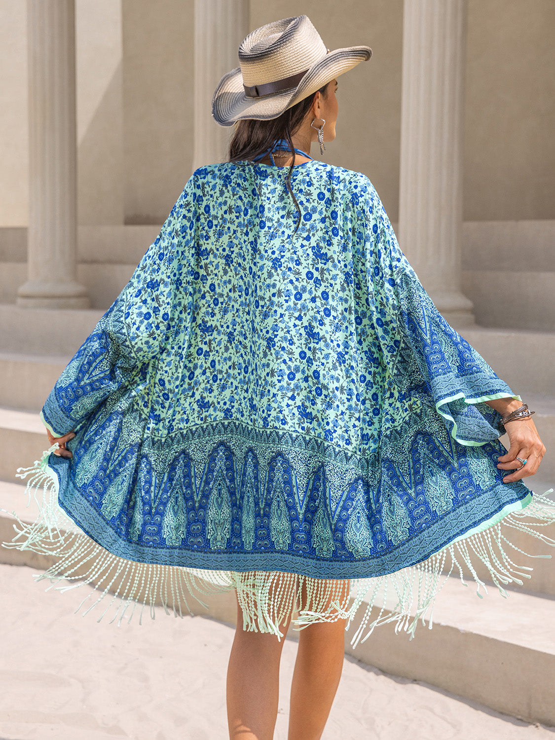 Fringe Printed Open Front Cover-Up - Charming Charlie