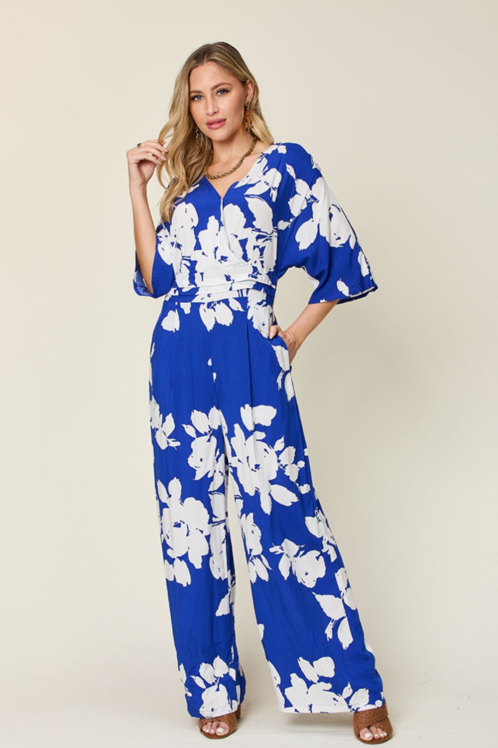 Double Take Full Size Printed Tie Back Wide Leg Jumpsuit - Charming Charlie