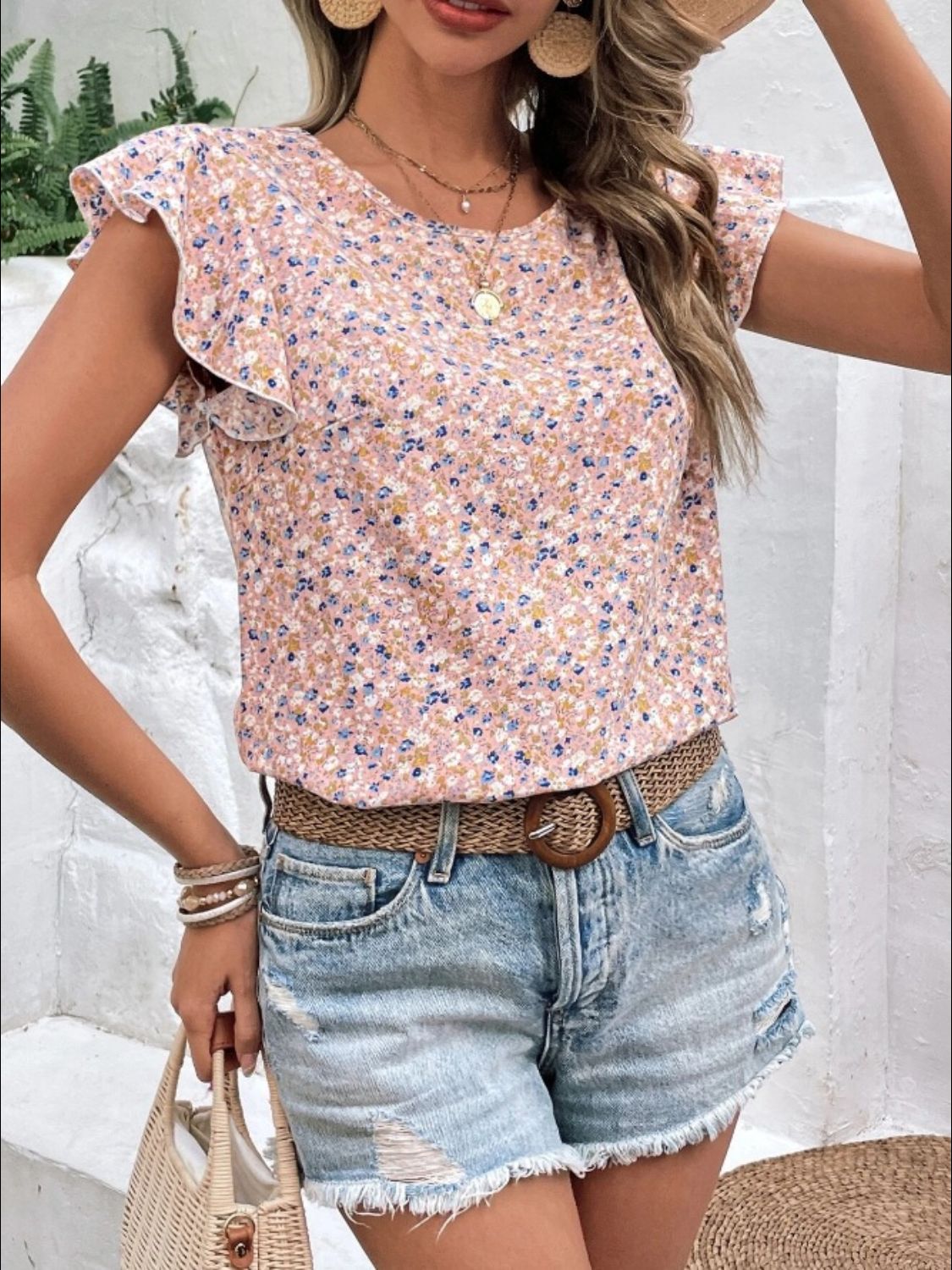 Ditsy Floral Round Neck Cap Sleeve Top - Charming Charlie