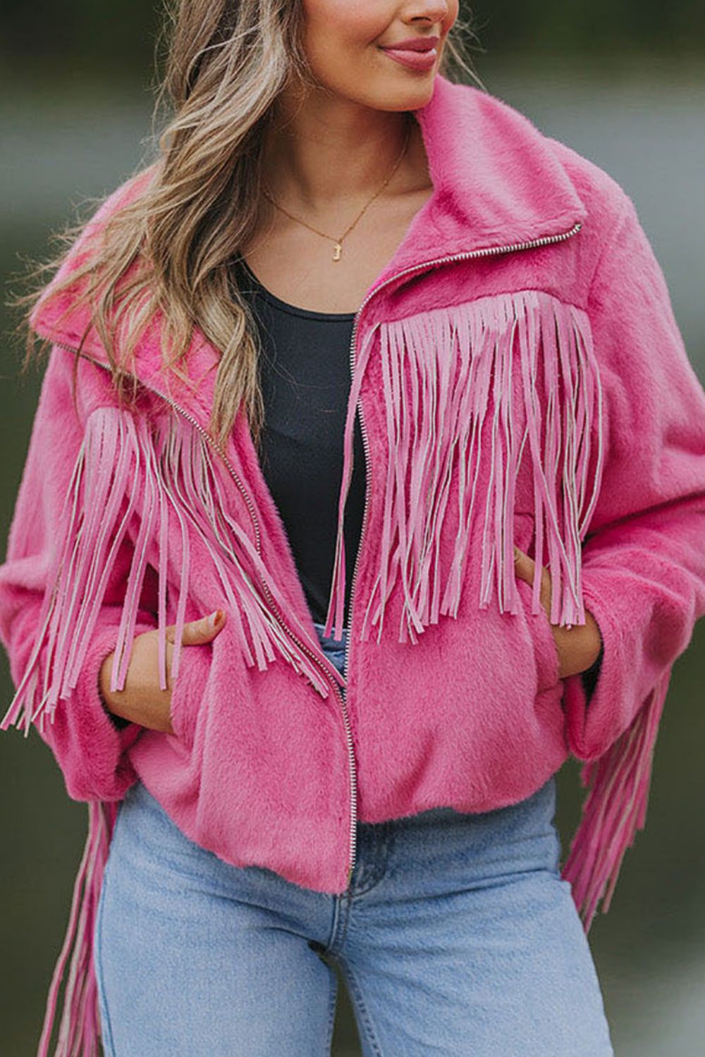 Fringed Zip Up Fleece Jacket - Charming Charlie