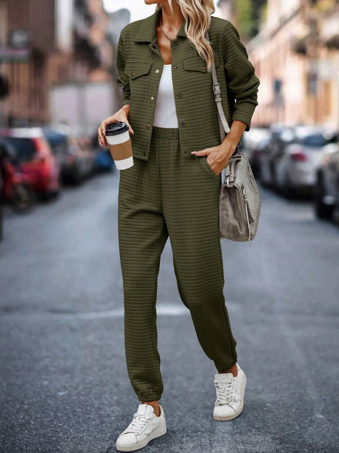 Plaid Texture Snap Down Top and Pants Set - Charming Charlie