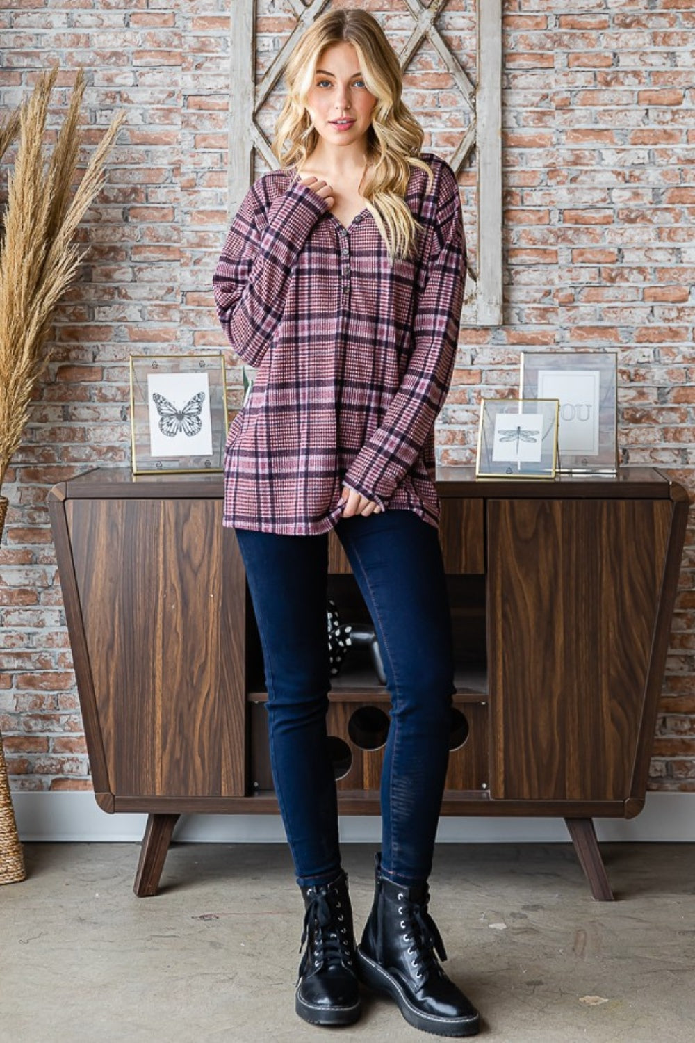 Heimish Full Size Plaid V-Neck Long Sleeve Top - Charming Charlie