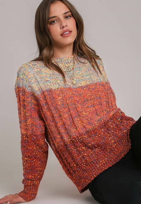 Cable-Knit Color Block Round Neck Long Sleeve Sweater - Charming Charlie