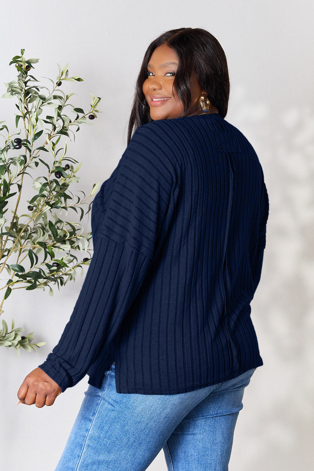 Basic Bae Full Size Ribbed Round Neck Slit Knit Top - Charming Charlie