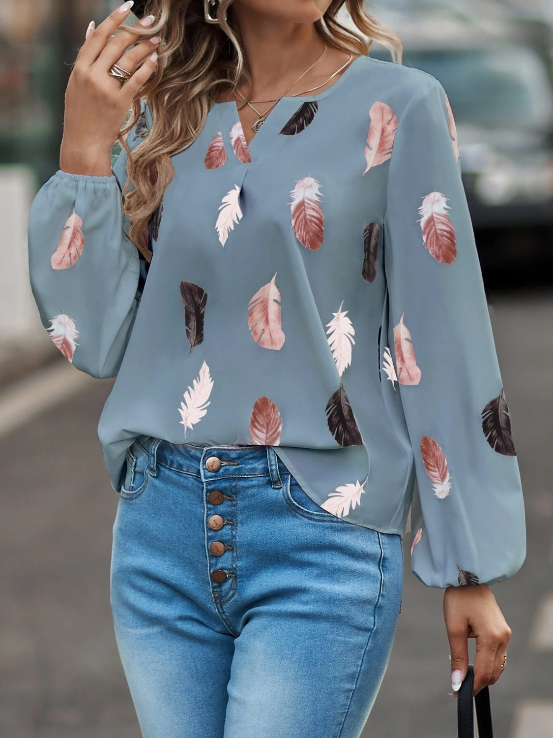 Feather Print Notched Balloon Sleeve Top - Charming Charlie