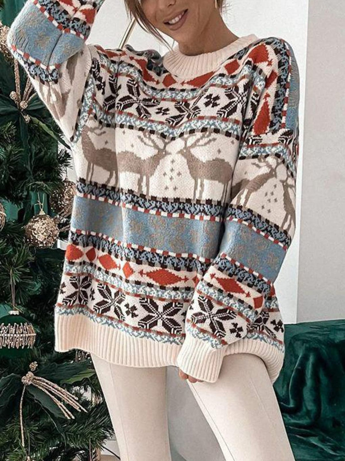 Geometric Round Neck Dropped Shoulder Sweater - Charming Charlie