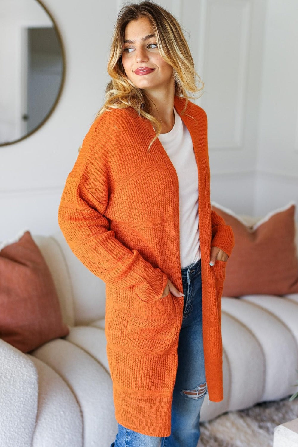 Haptics Full Size Stripe Textured Open Front Cardigan with Pockets - Charming Charlie