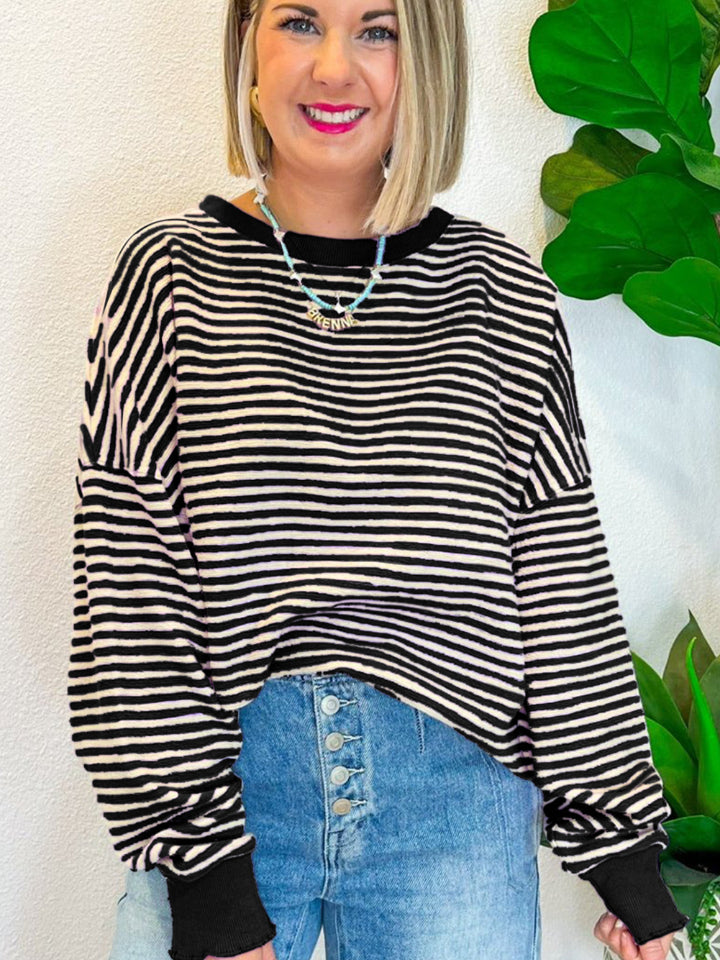 Striped Round Neck Long Sleeve Sweatshirt - Charming Charlie