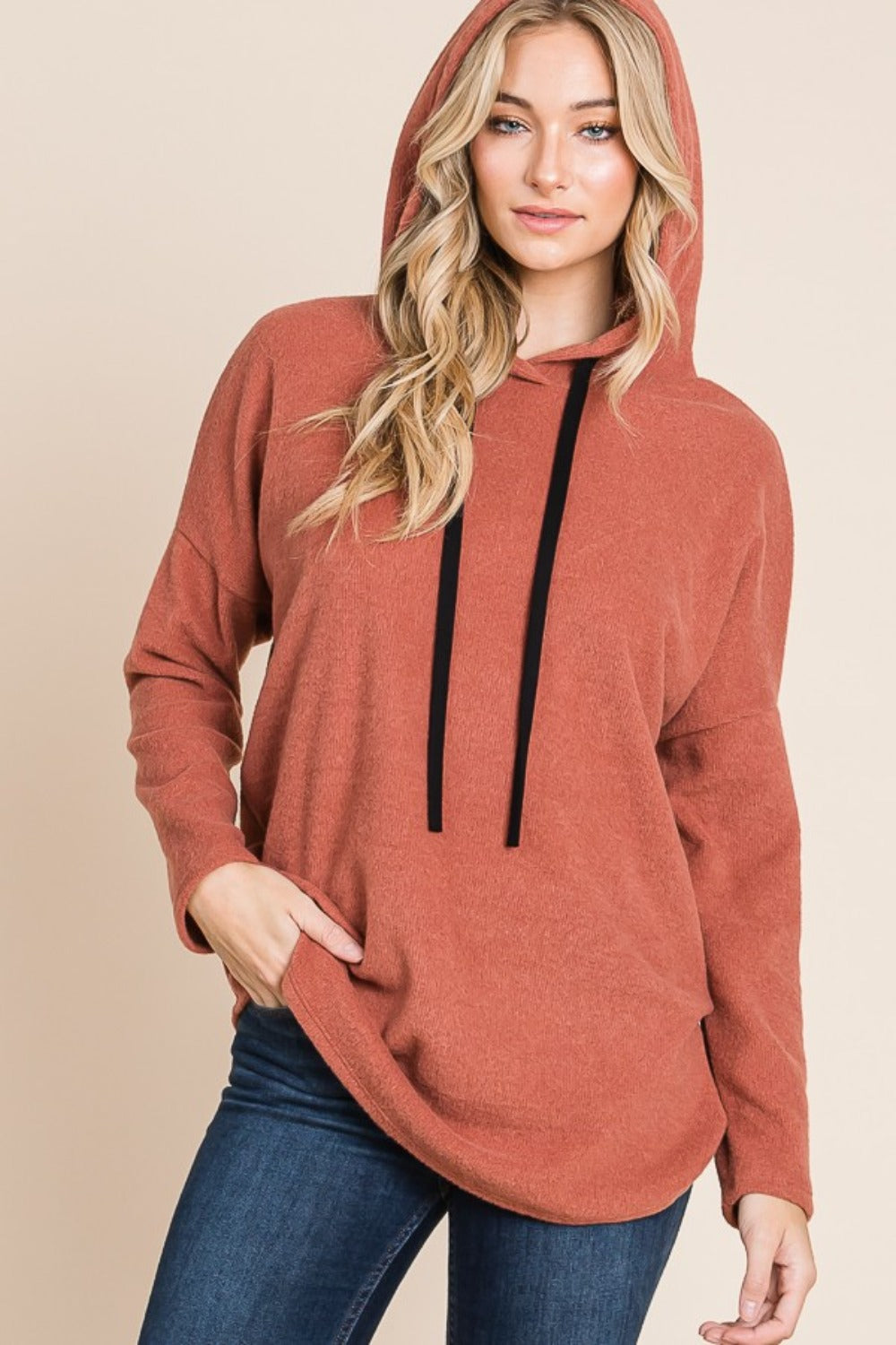BOMBOM Contrast Drawstring Drop Shoulder Knit Hoodie - Charming Charlie