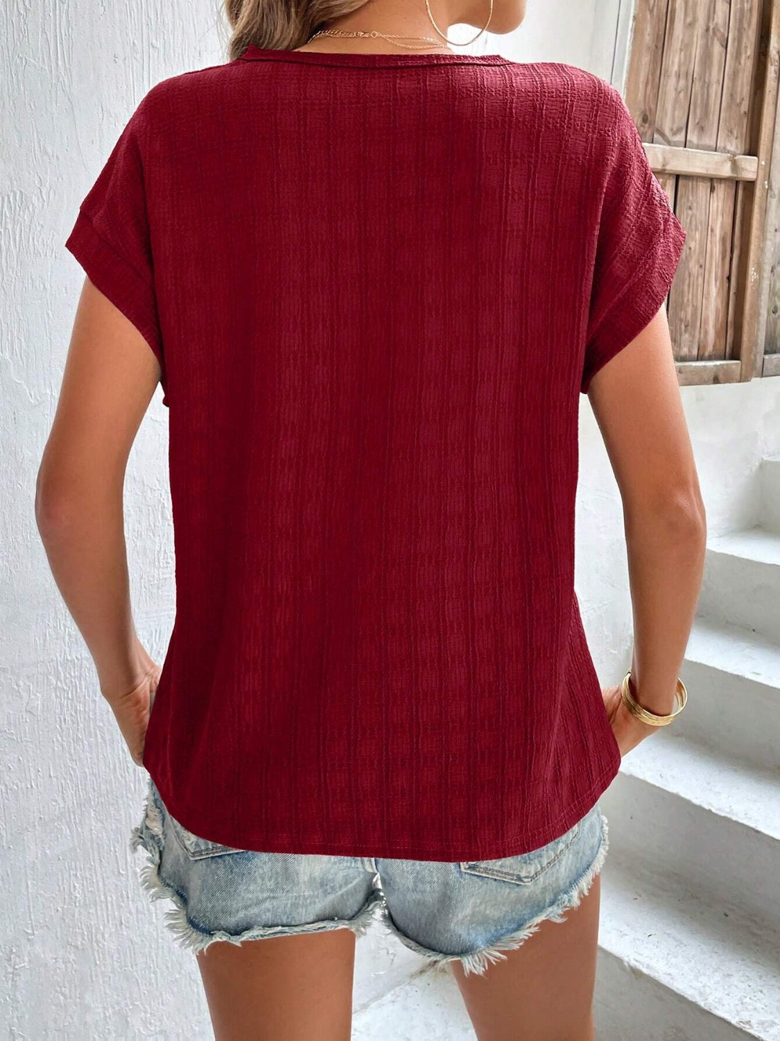 Textured Round Neck Short Sleeve Top - Charming Charlie