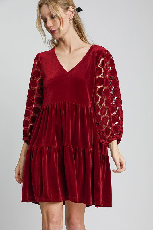 Umgee Dotted Lace Sleeve Tiered Velvet Mini Dress - Charming Charlie