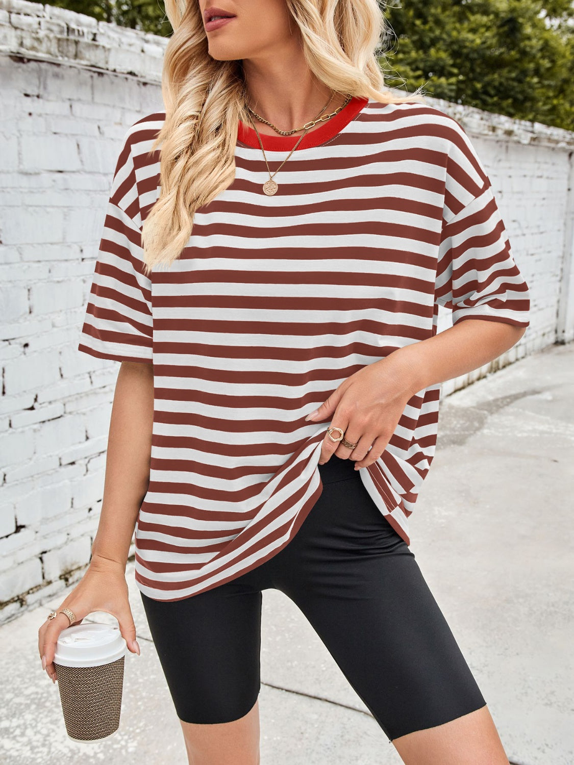 Lovelet Striped Round Neck Half Sleeve T-Shirt - Charming Charlie