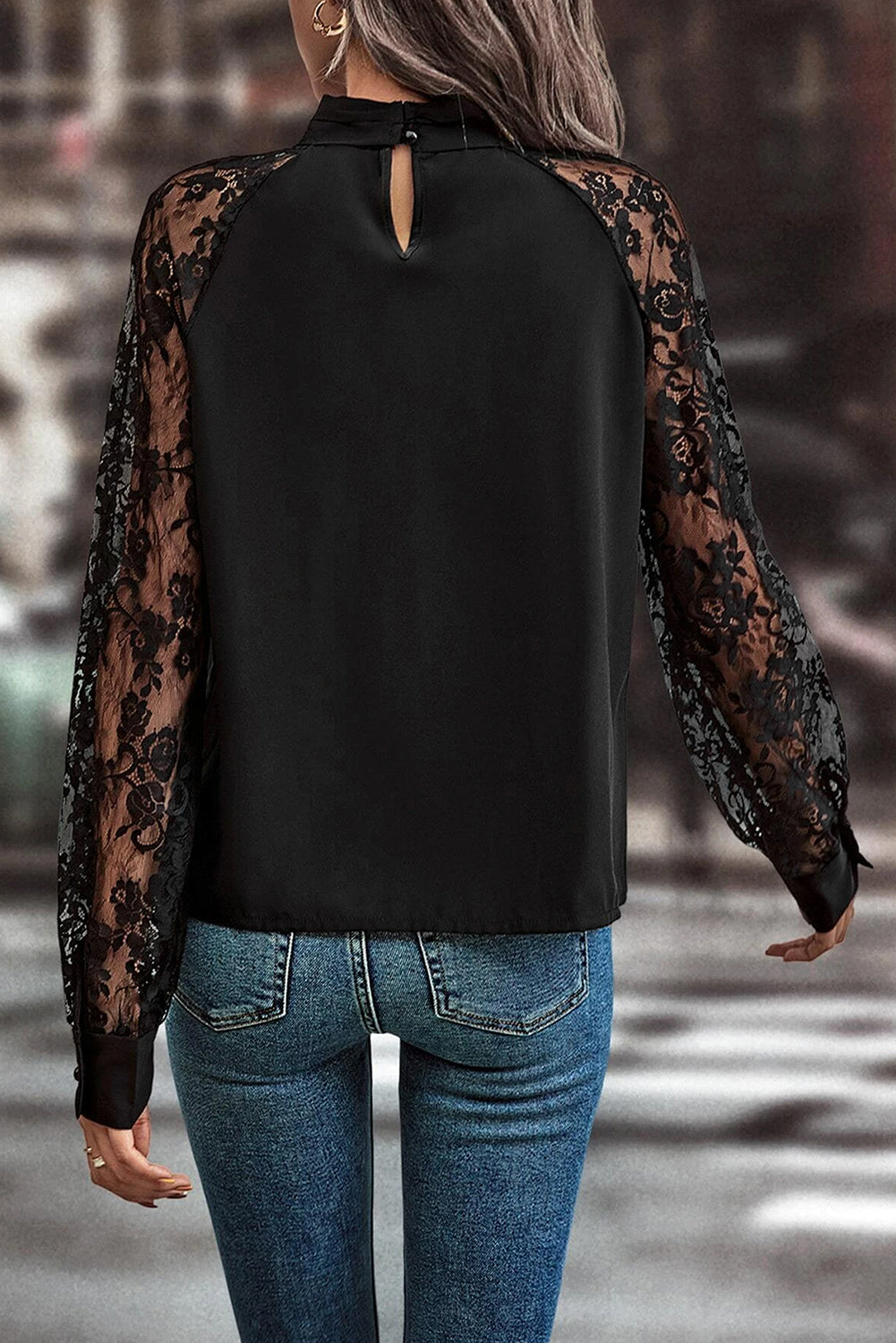 Cutout Lace Detail Long Sleeve Blouse - Charming Charlie