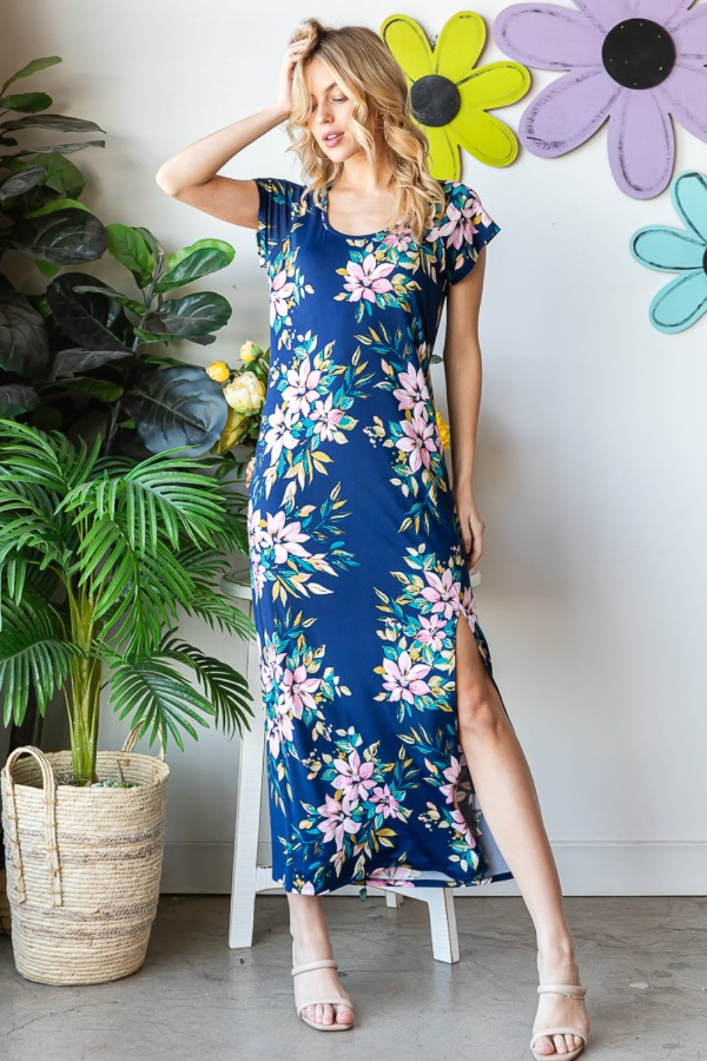 Heimish Full Size Floral Short Sleeve Slit Dress - Charming Charlie