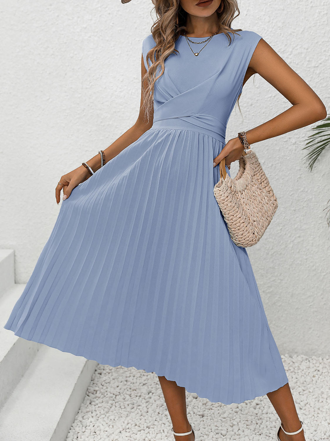 Pleated Round Neck Cap Sleeve Dress - Charming Charlie
