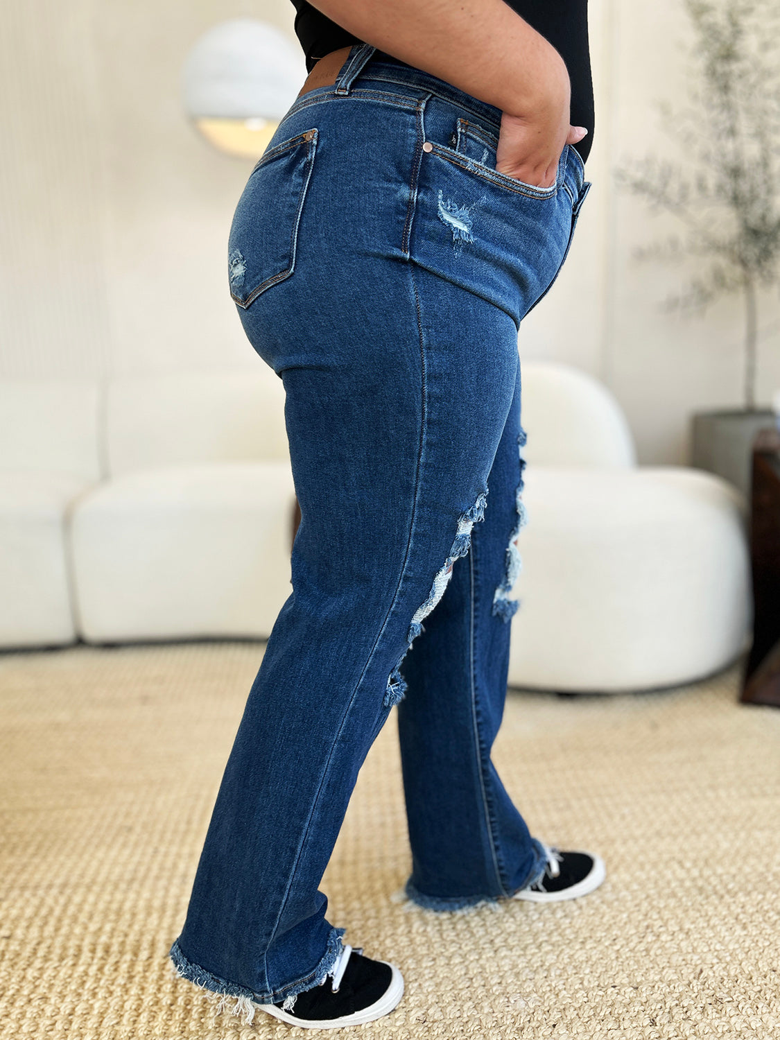 Judy Blue Full Size Mid Rise Distressed Raw Hem Jeans - Charming Charlie