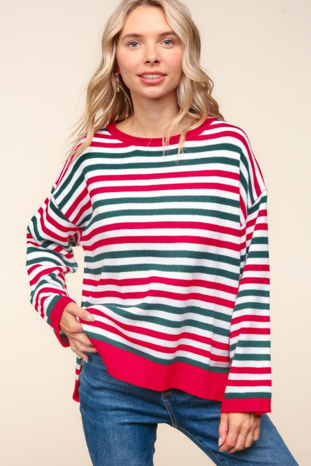 Haptics Full Size Striped Contrast Side Slit Knit Top - Charming Charlie