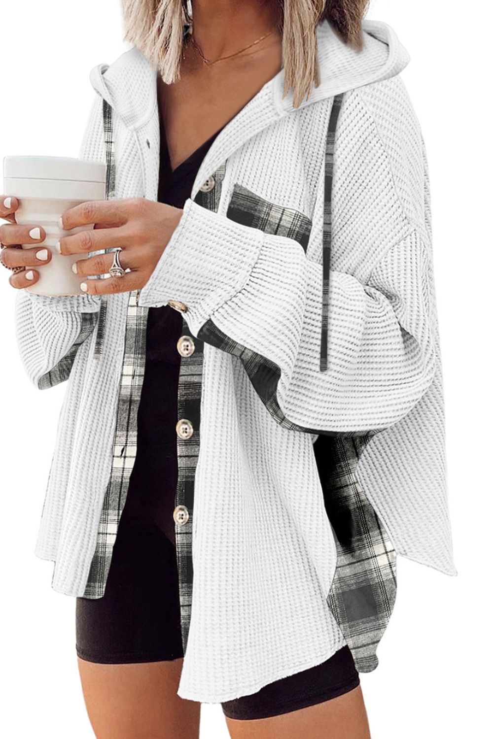 Waffle Knit Plaid Patchwork Drawstring Hooded Shacket - Charming Charlie