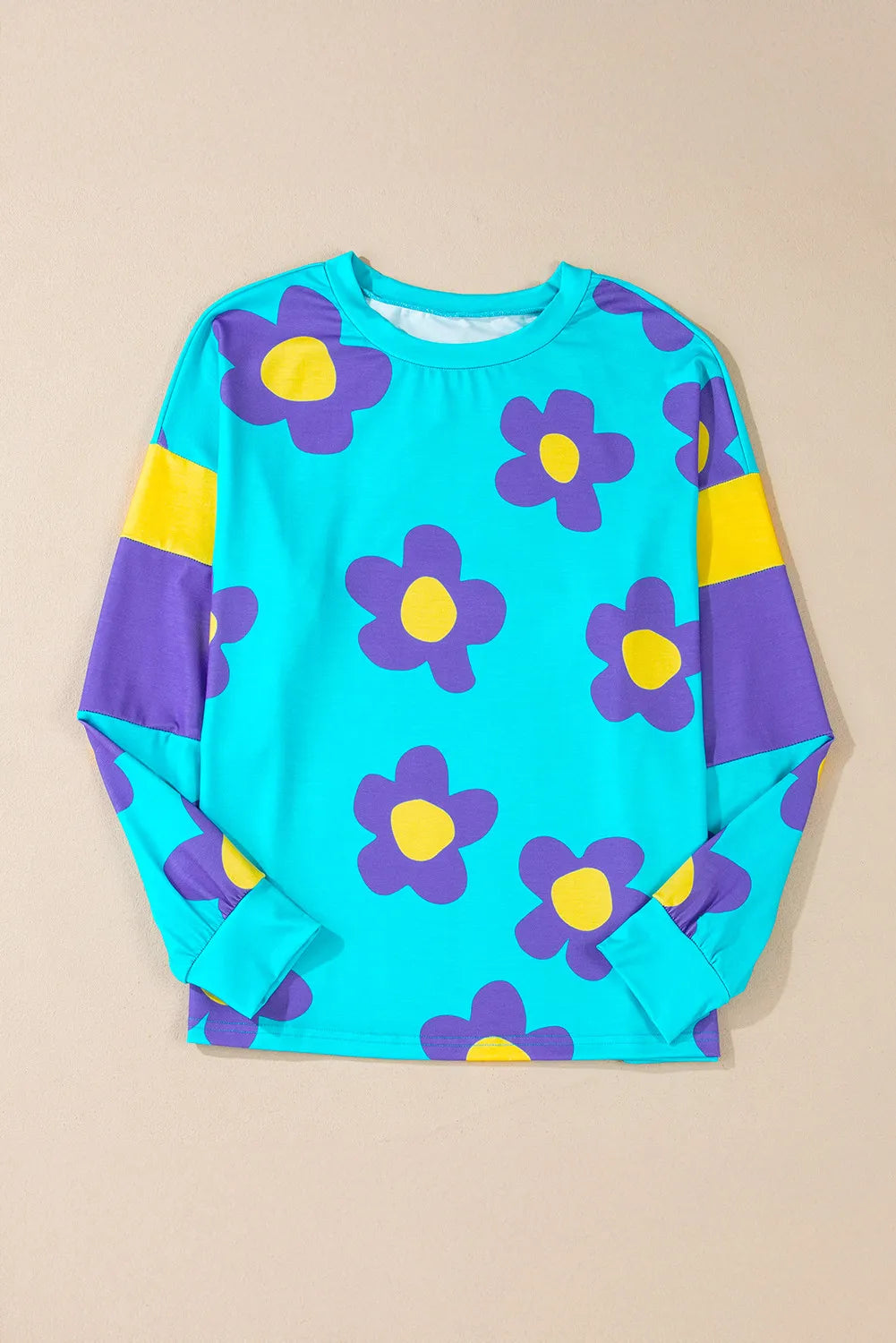 Contrast Flower Round Neck Long Sleeve Blouse - Charming Charlie