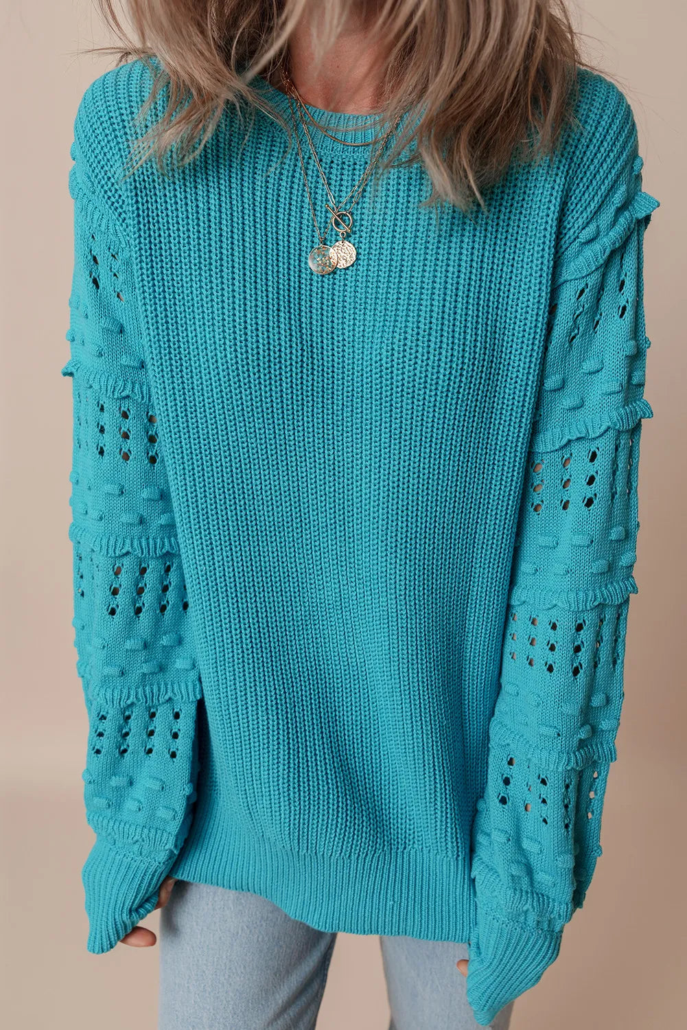 Openwork Frill Round Neck Long Sleeve Sweater - Charming Charlie