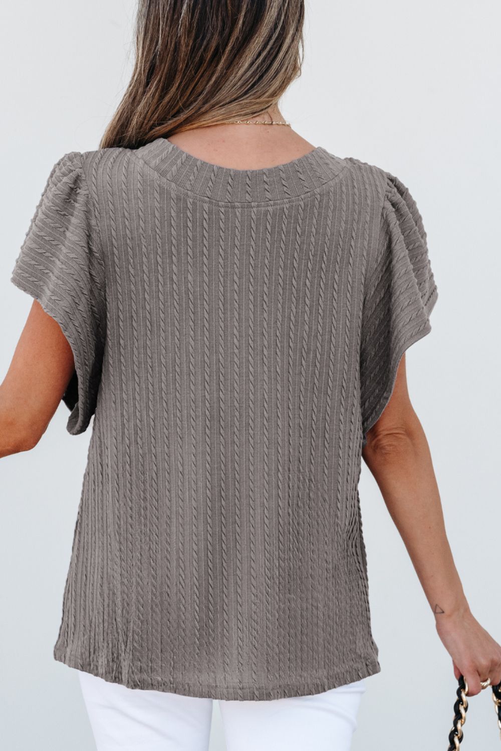 Textured Round Neck Flounce Sleeve Blouse - Charming Charlie
