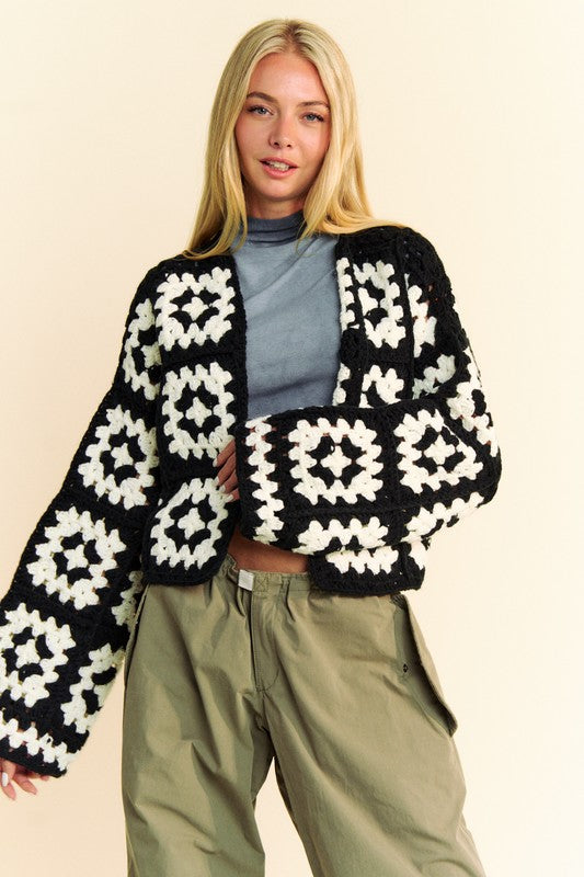 Davi & Dani Full Size Two Tone Flower Square Crochet Open Front Cardigan - Charming Charlie