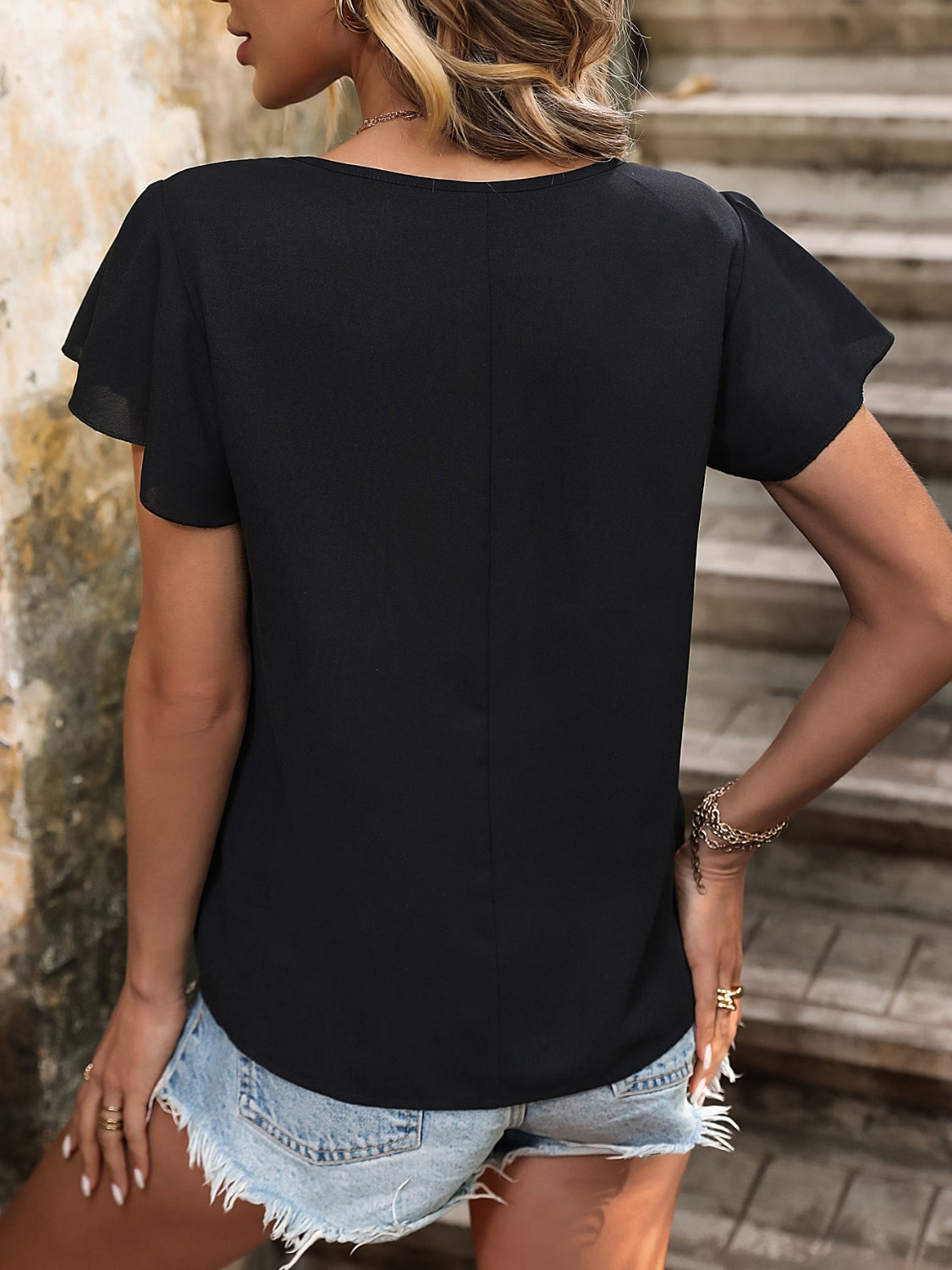 Decorative Button Round Neck Short Sleeve Blouse - Charming Charlie