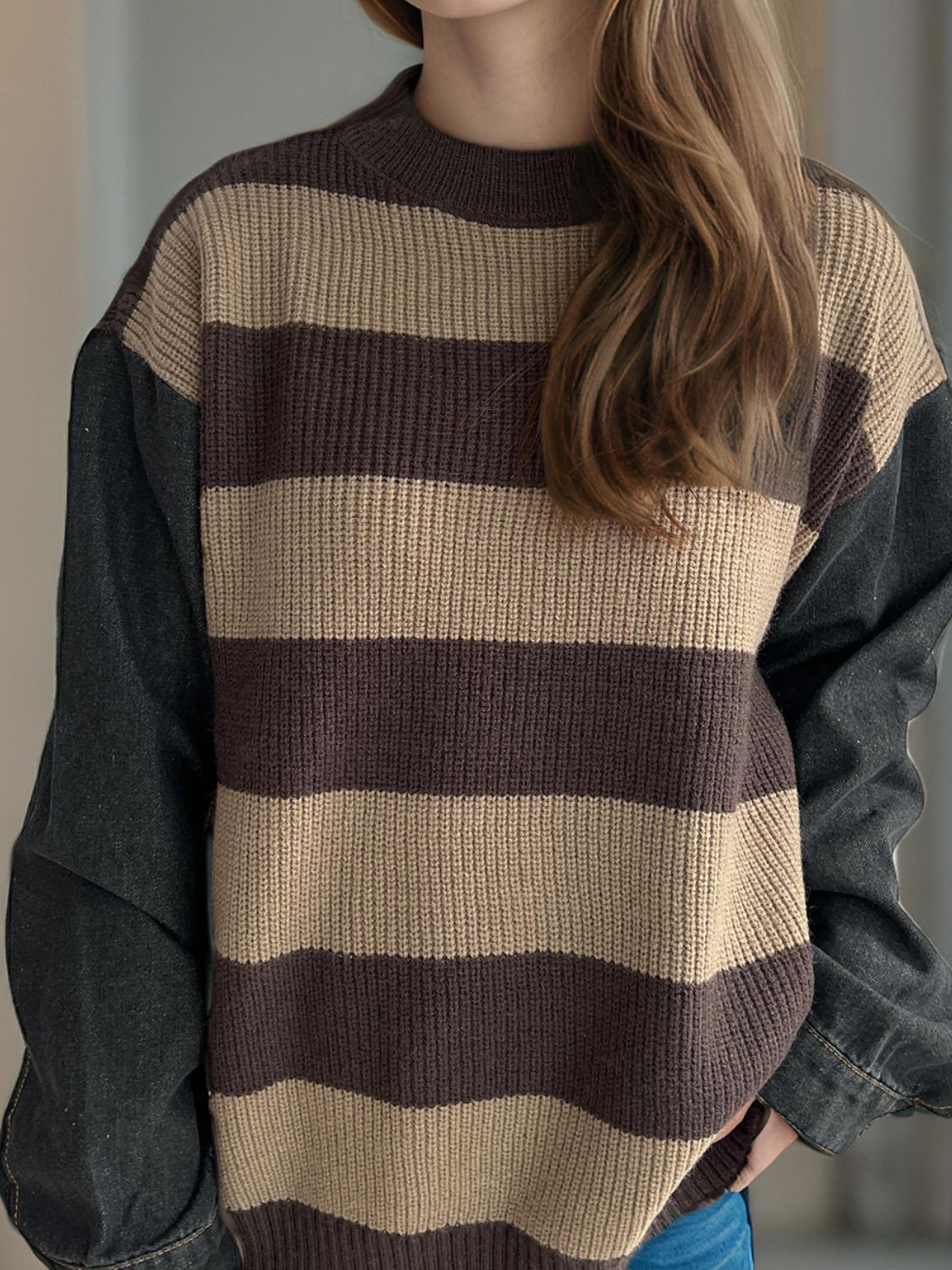 Contrast Round Neck Long Sleeve Sweater - Charming Charlie